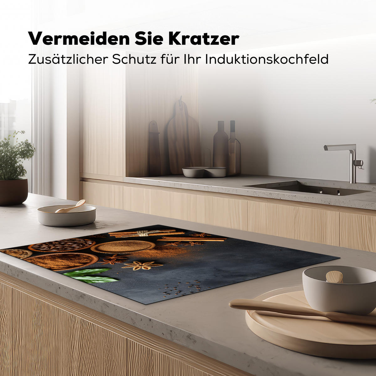 HERDABDECKPLATTE Zimt - Beton - Kaffee - Zimtstangen - Gewürze Induktionsmatte 77x59 cm - Mokka, Kunststoff (77/59/0.2cm) - MuchoWow