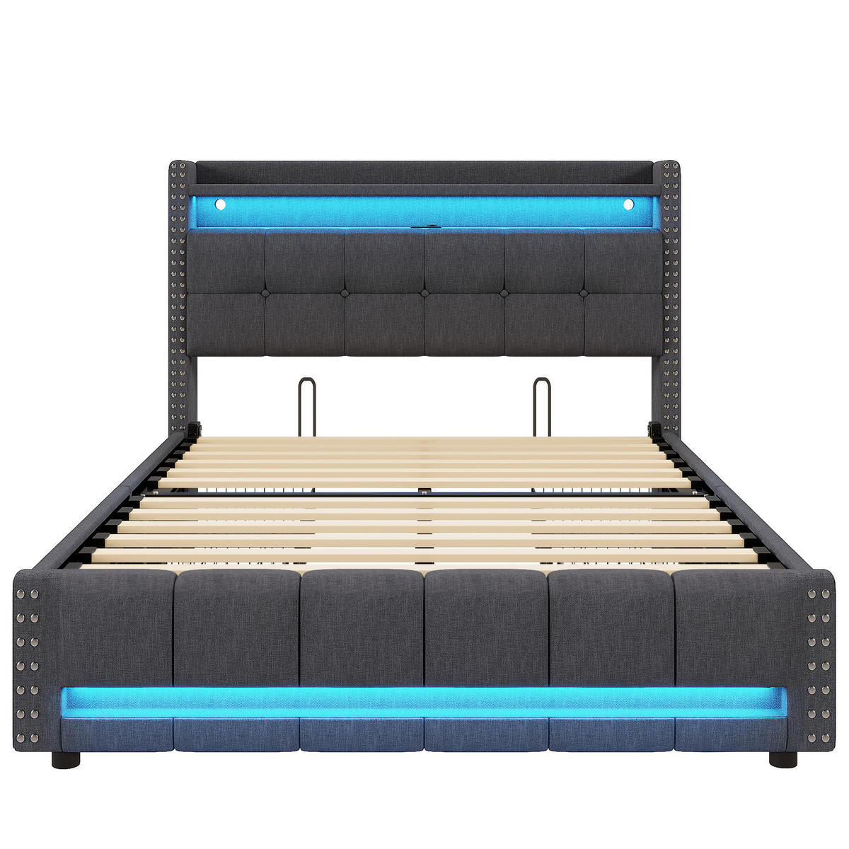 POLSTERBETT 160/200 cm in Grau Leinen mit LED, USB und Regal - Grau, Holzwerkstoff/Textil (160/200cm) - WISHDOR