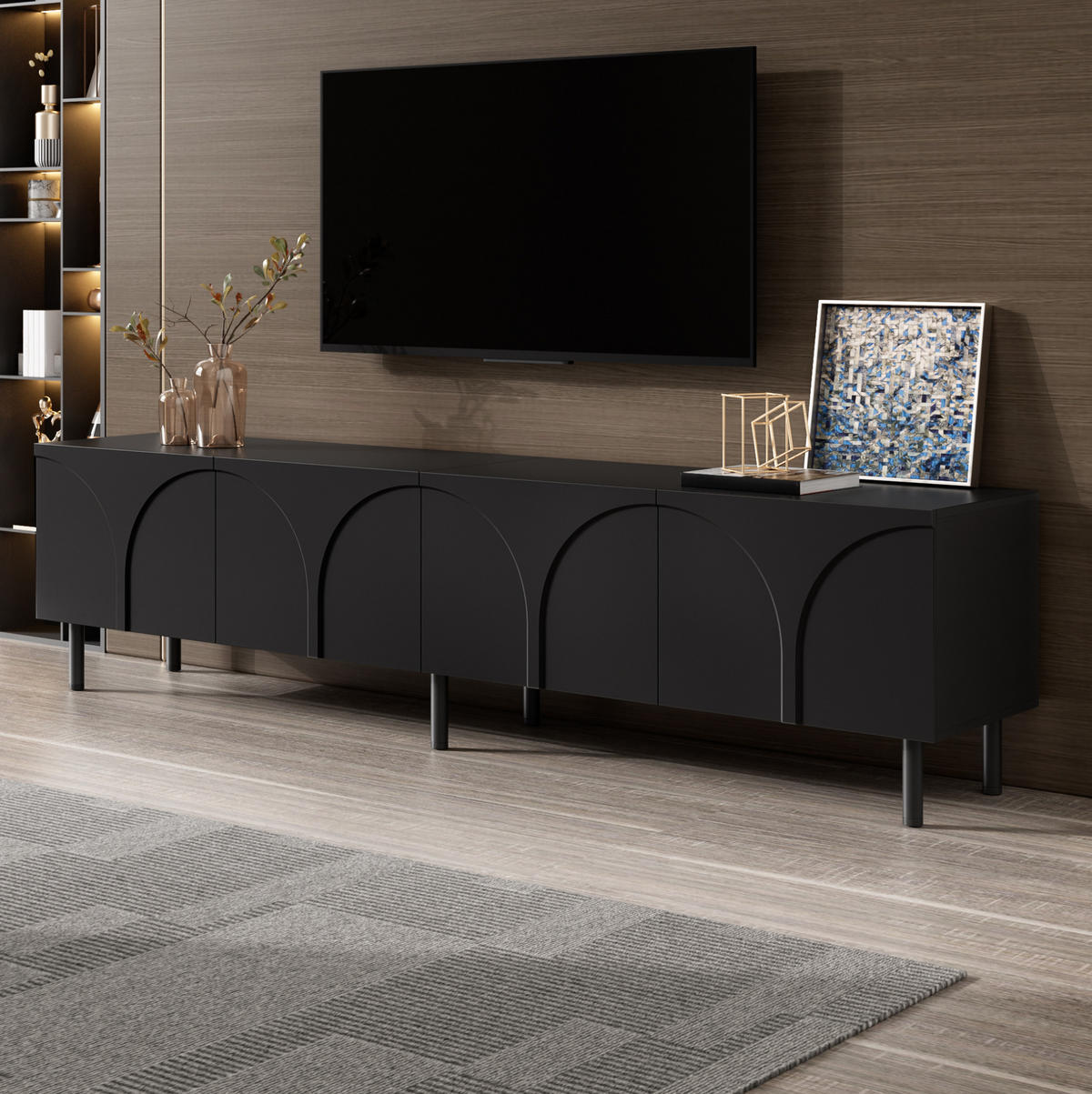 TV-SCHRANK mit 4 Türen 180 cm Schwarz mit Metallfüßen - Schwarz, Holzwerkstoff (35/49/180cm) - Beauniv