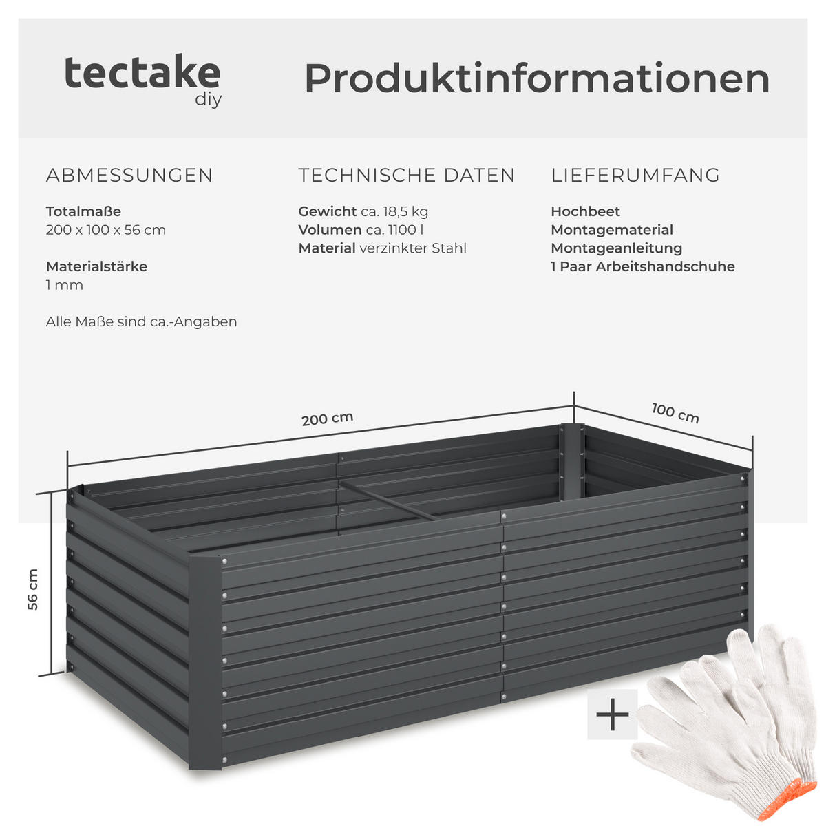 HOCHBEET Blomma,200 x 100 x 56 cm,anthrazit - Anthrazit, Metall (200/56/100cm) - tectake