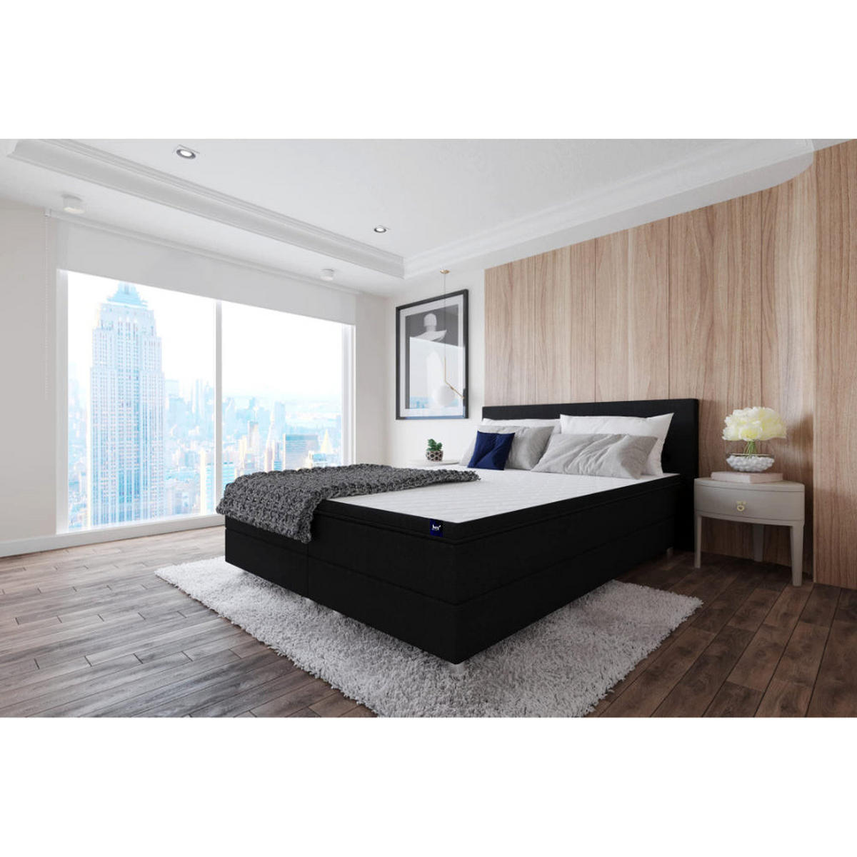 BOXBETT, Polsterbett Sawana mit Bonellfederkern-Matratze und Topper Schlafzimmer - Schwarz, Holz/Holzwerkstoff (160/200cm) - Best For Home