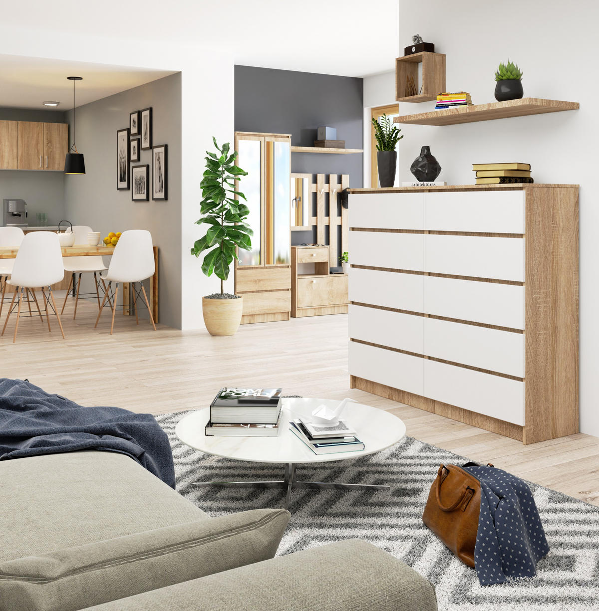 KOMODA Dub Sonoma, biela 121/138/40 - biela, kompozitné drevo (138/121/40cm) - RAUMHIRSCH FURNITURE