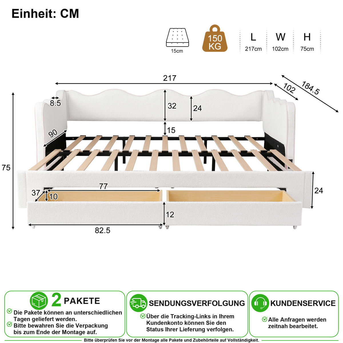 POLSTERBETT 90/200 cm in Beige mit 2 Schubladen, USB und Type-C - Beige, Holzwerkstoff/Textil (90/200cm) - CHICFURN