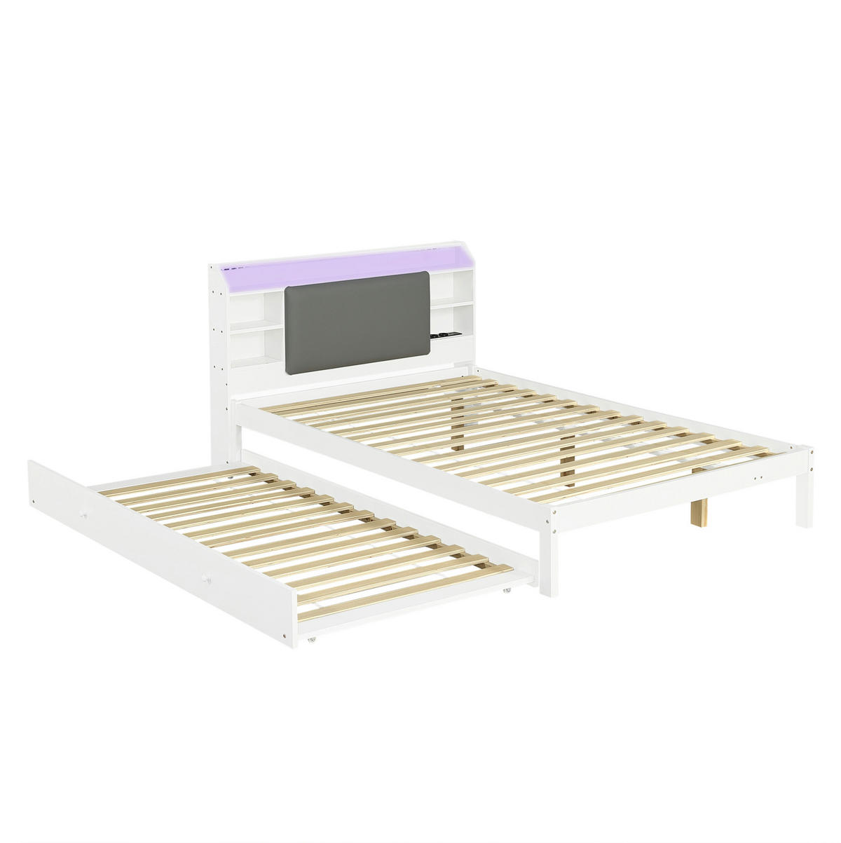 FUNKTIONSBETT aus Kiefernholz und MDF 120x200 cm Weiß mit Ausziehbett 90x190 cm, LED und Ladestation - Weiß, Holz (120/200cm) - IVMEU