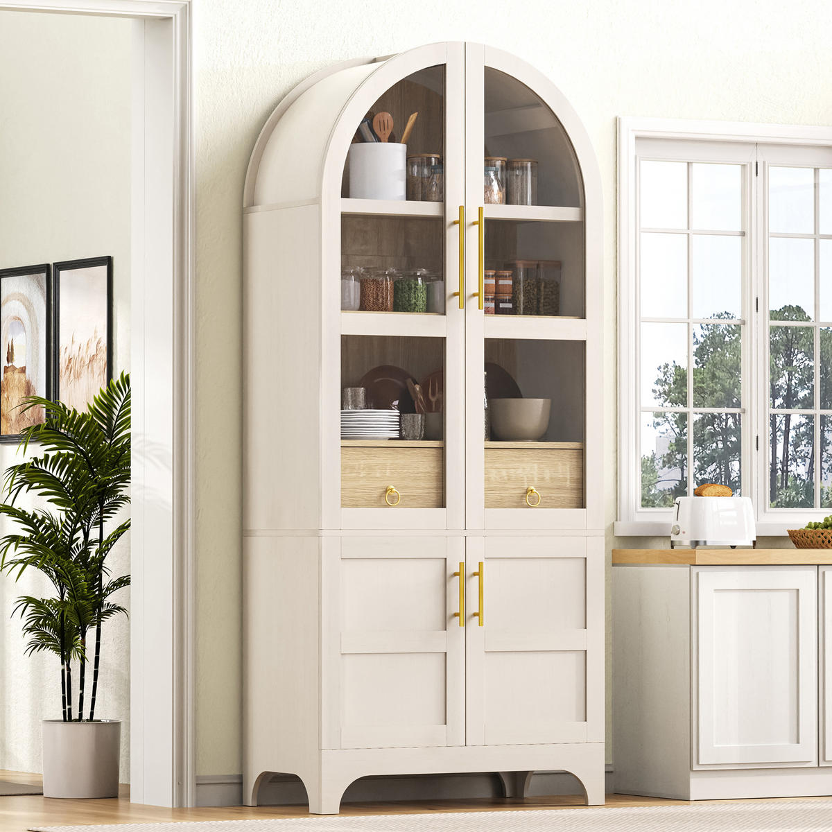 HIGHBOARD mit Riffelglas & Schubladen 180cm - Weiß, Holzwerkstoff (76/180/40cm) - Urban Meuble