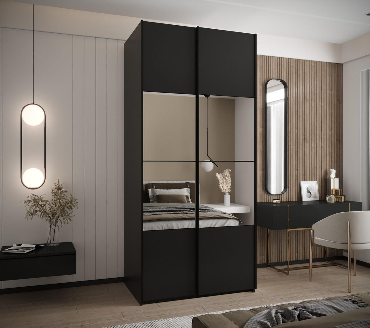 SCHWEBETÜRENSCHRANK 245,5/100/64 2-türig - Schwarz, Holz/Metall (100/245/64cm) - Abiks Möbel