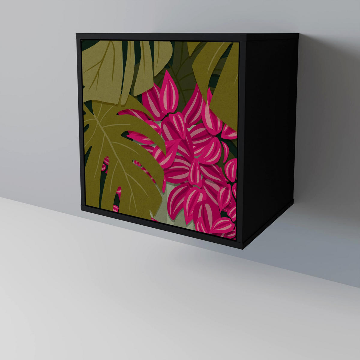 SIDEBOARD TROPICAL BEAUTY, Schwarz, 57,5x42x72,5 cm, Schwarze Metallfüße - Multicolor/Schwarz, Holzwerkstoff/Metall (57.5/72.5/42cm) - SpaceRebels