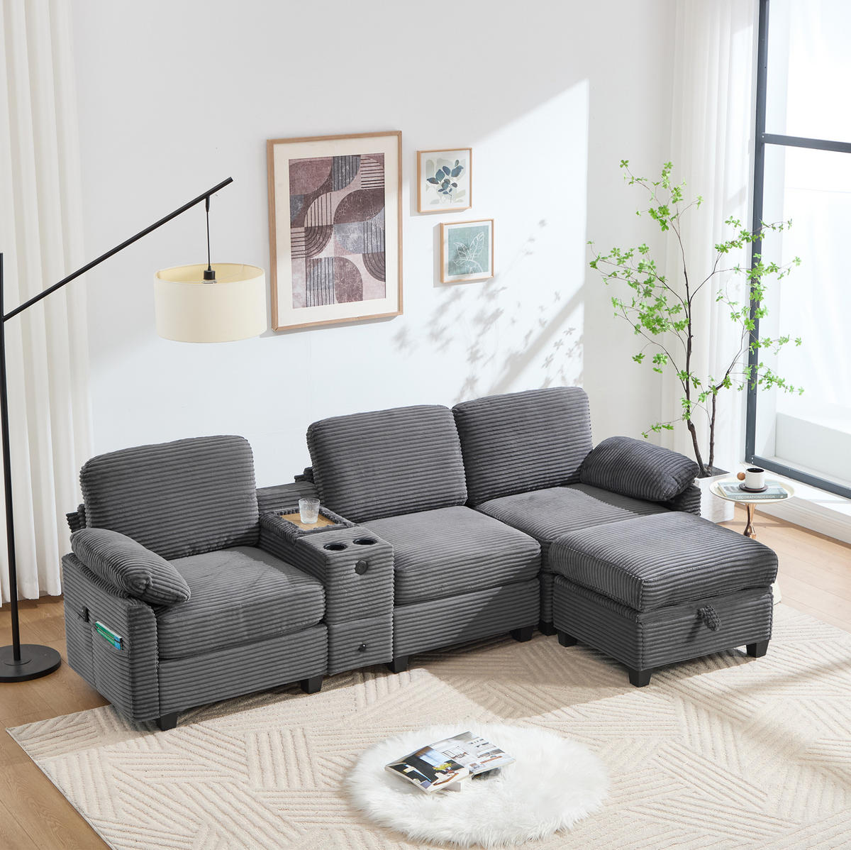 ECKSOFA aus Cord 266x136x82 cm Dunkelgrau mit USB-C-Anschluss, verschiebbarer Mittelkonsole und Stauraumhocker - Dunkelgrau, Textil (136/266cm) - Modfu