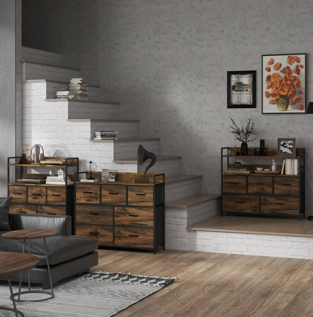 KOMMODE 98/29/85 cm aus Polyester, Stahl & MDF mit 7 Stoffschubladen Braun - Braun, Holzwerkstoff (98/85/29cm) - Modenvie