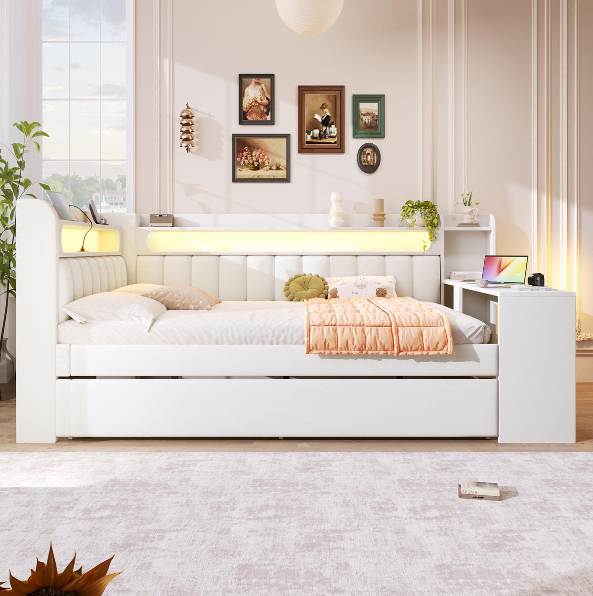ČALÚNENÁ posteľ 140/200 cm biela s LED osvetlením, USB, výsuvným lôžkom a písacím stolom z MDF - biela, kompozitné drevo (140/200cm) - OKWISH