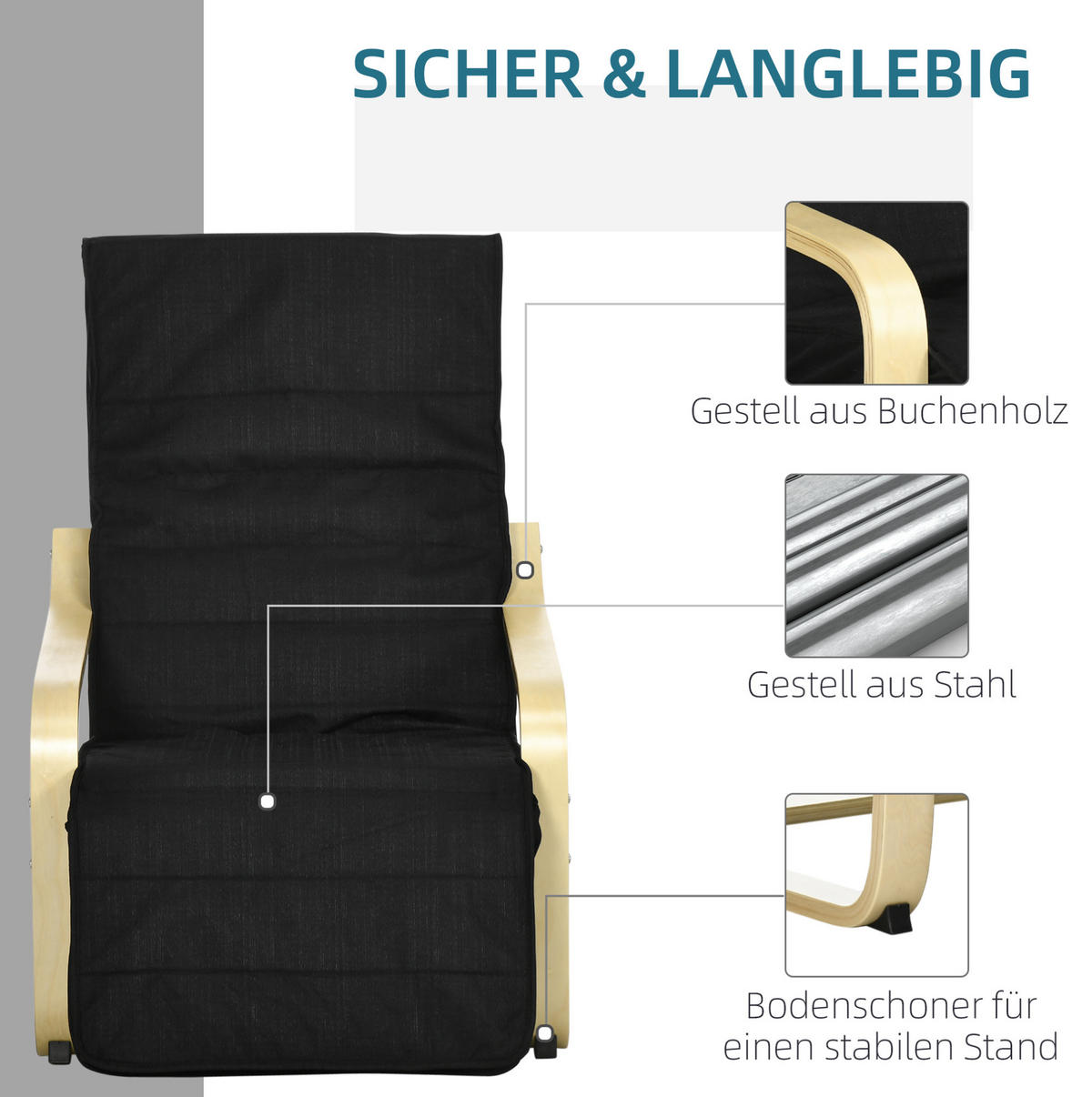 RELAX-SCHAUKELSTUHL 66,5/94/100 cm mit verstellbarem Fußteil in Schwarz - Schwarz, Textil (94/100/66.5cm) - BEAOK