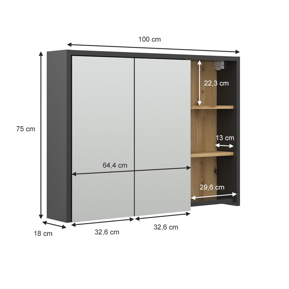 BADSPIEGELSCHRANK Viola Artisan-Eiche 100 x 75 cm - Eiche Artisan, Holzwerkstoff (100/75/18cm) - Vicco