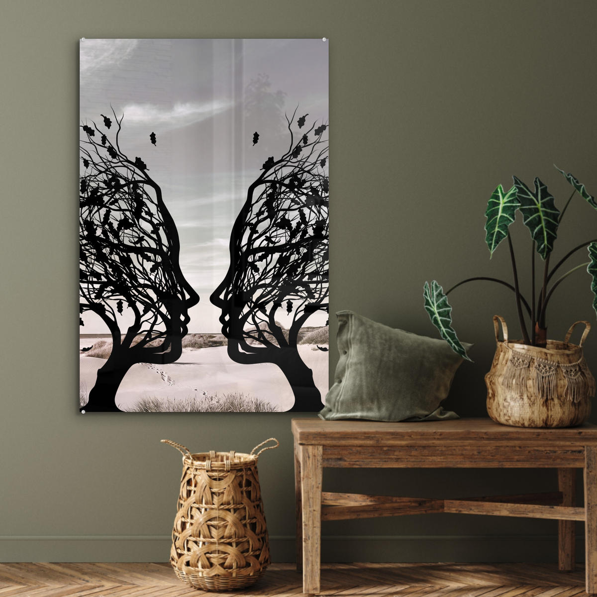 ACRYLGLASBILD Strand - Meer - Menschen - Baum - Moderne Kunst 60x90 cm - Hellgrau, Glas (60/90cm) - MuchoWow