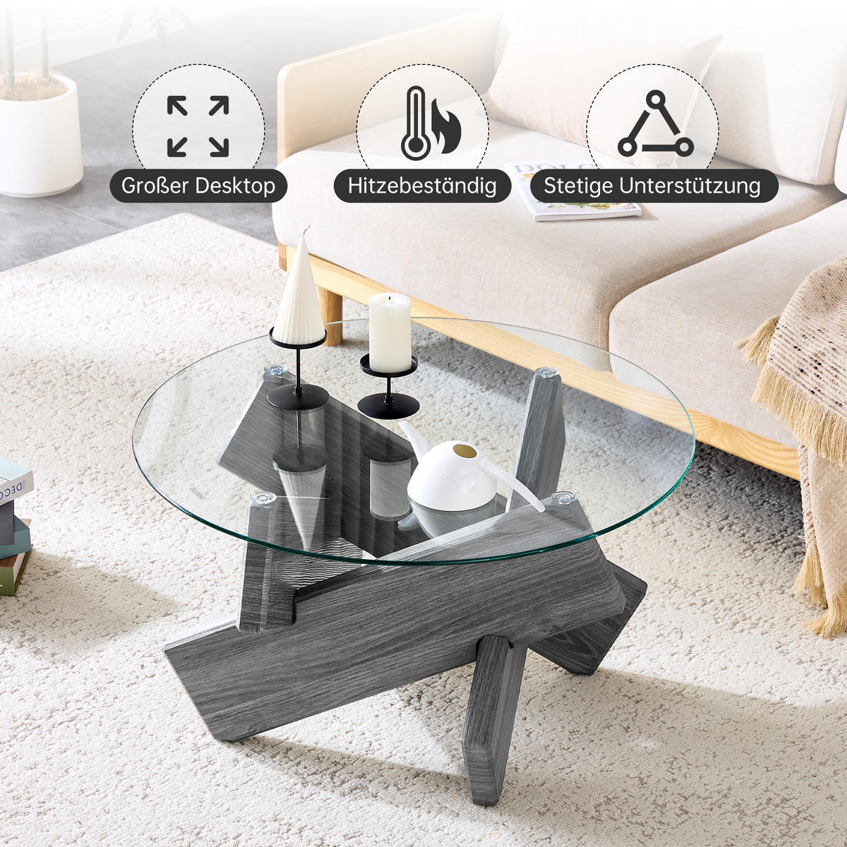 COUCHTISCH 79 cm Grau mit Glasoberfläche und kreativen Kreuz-Stützen - Grau, Holzwerkstoff (79/79/45cm) - OKWISH