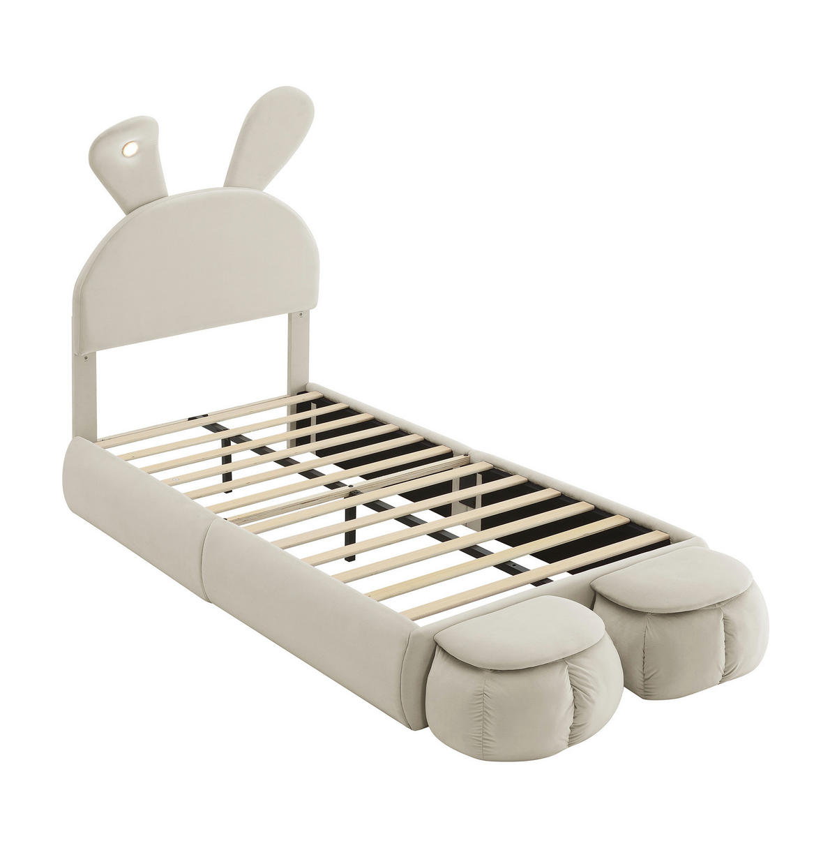 POLSTERBETT 90/200 cm aus Samt mit LED-Hasenohren und 2 Aufbewahrungshockern Beige - Beige, Textil (90/200cm) - Modenvie
