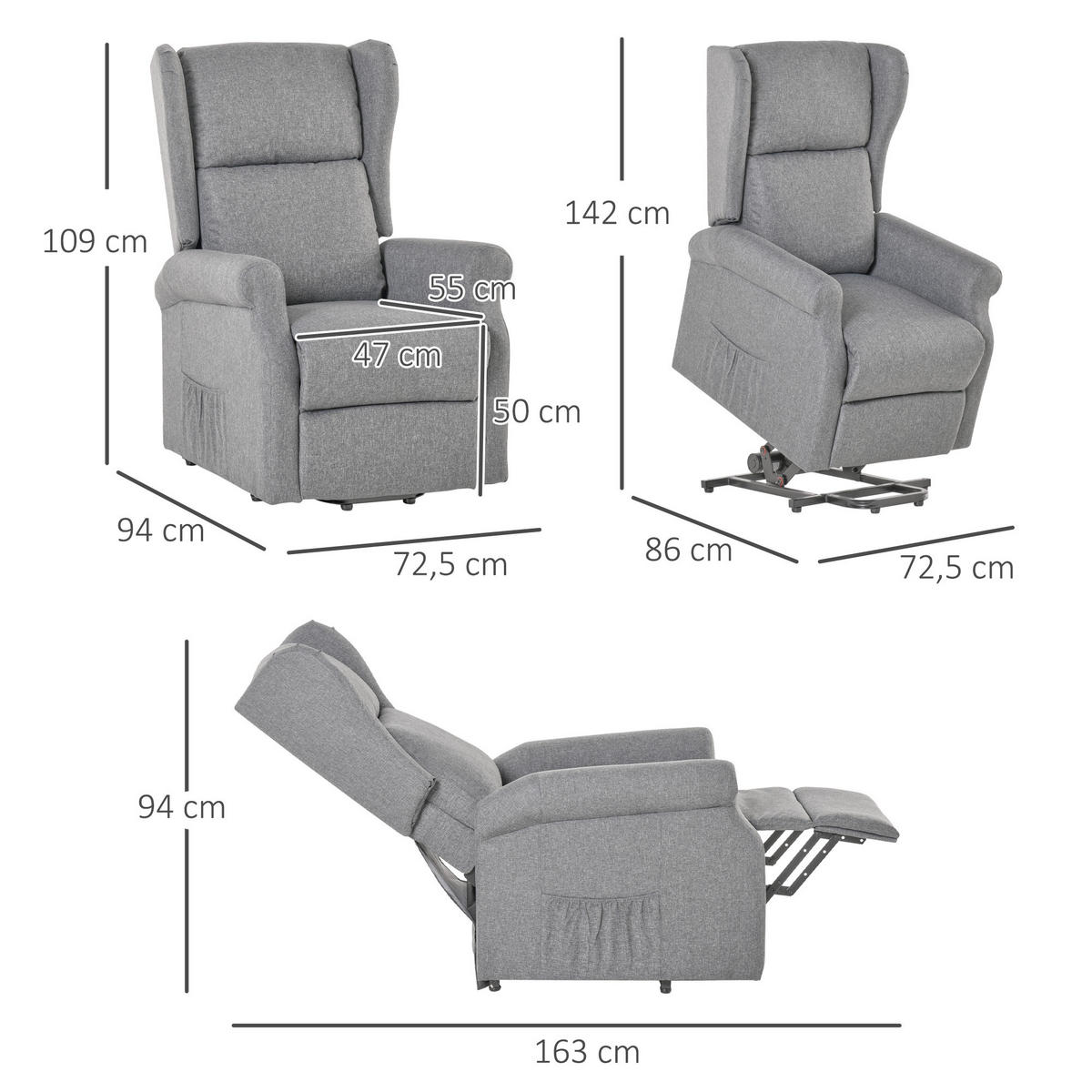FERNSEHSESSEL mit Aufstehhilfe Leinen Grau - Grau, Textil (94/111/74cm) - HOMCOM