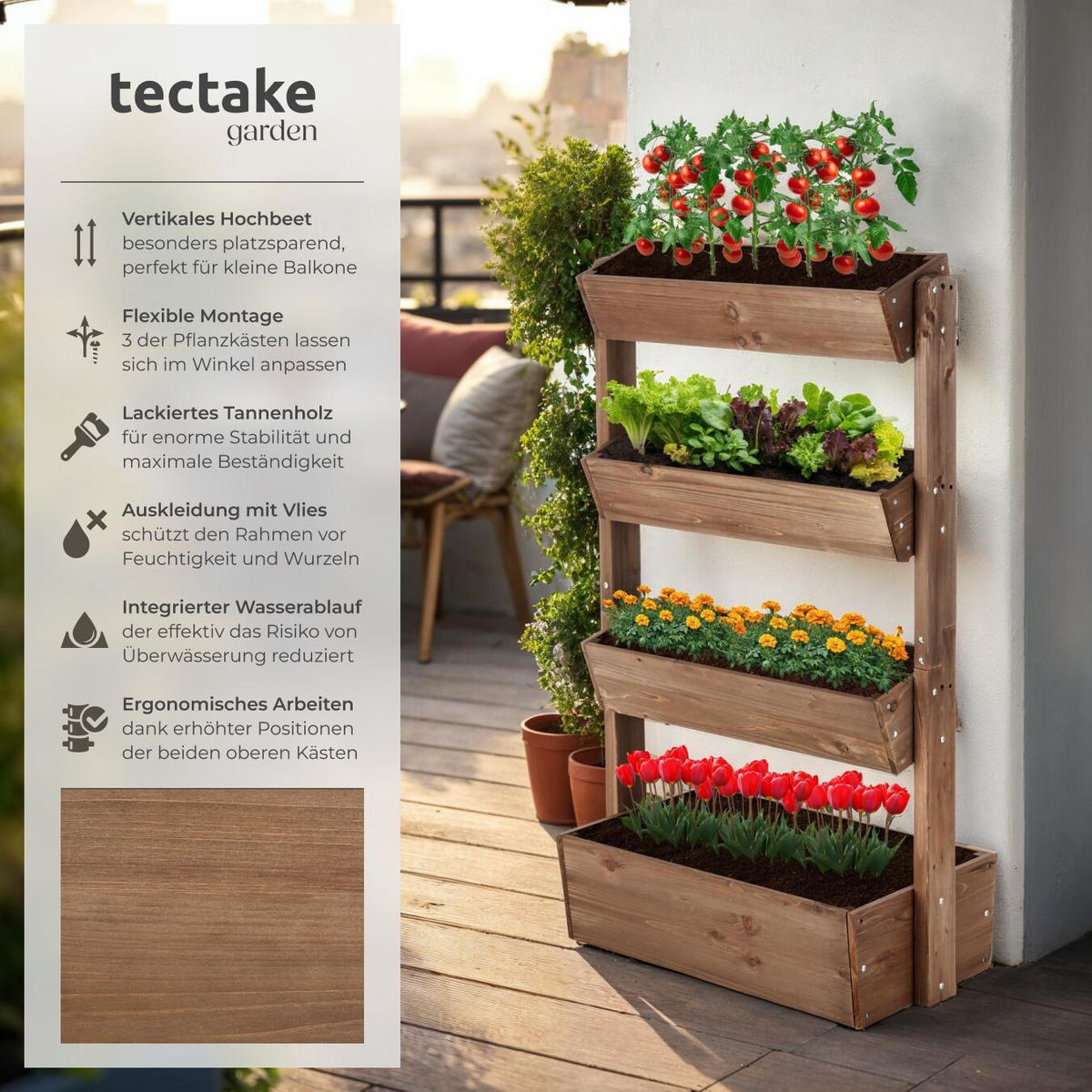 HOCHBEET Flora, inklusive Pflanzvlies, 85 x 45 x 140 cm, braun - Braun, Holz (85/140/45cm) - tectake