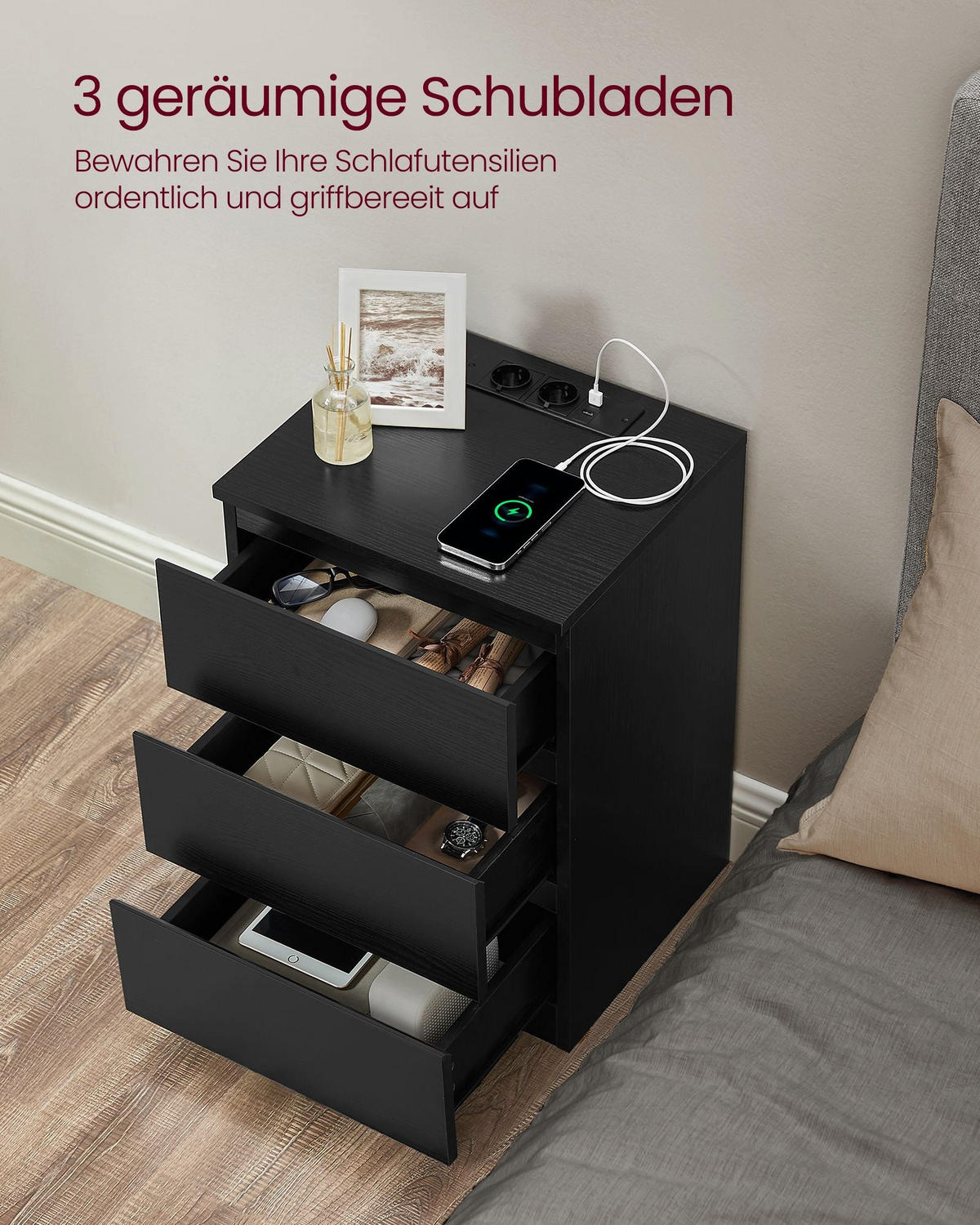 NACHTTISCH TEGUCIGALPA 2ER-SET - Schwarz, Holzwerkstoff (40/59/35cm) - Hansiro