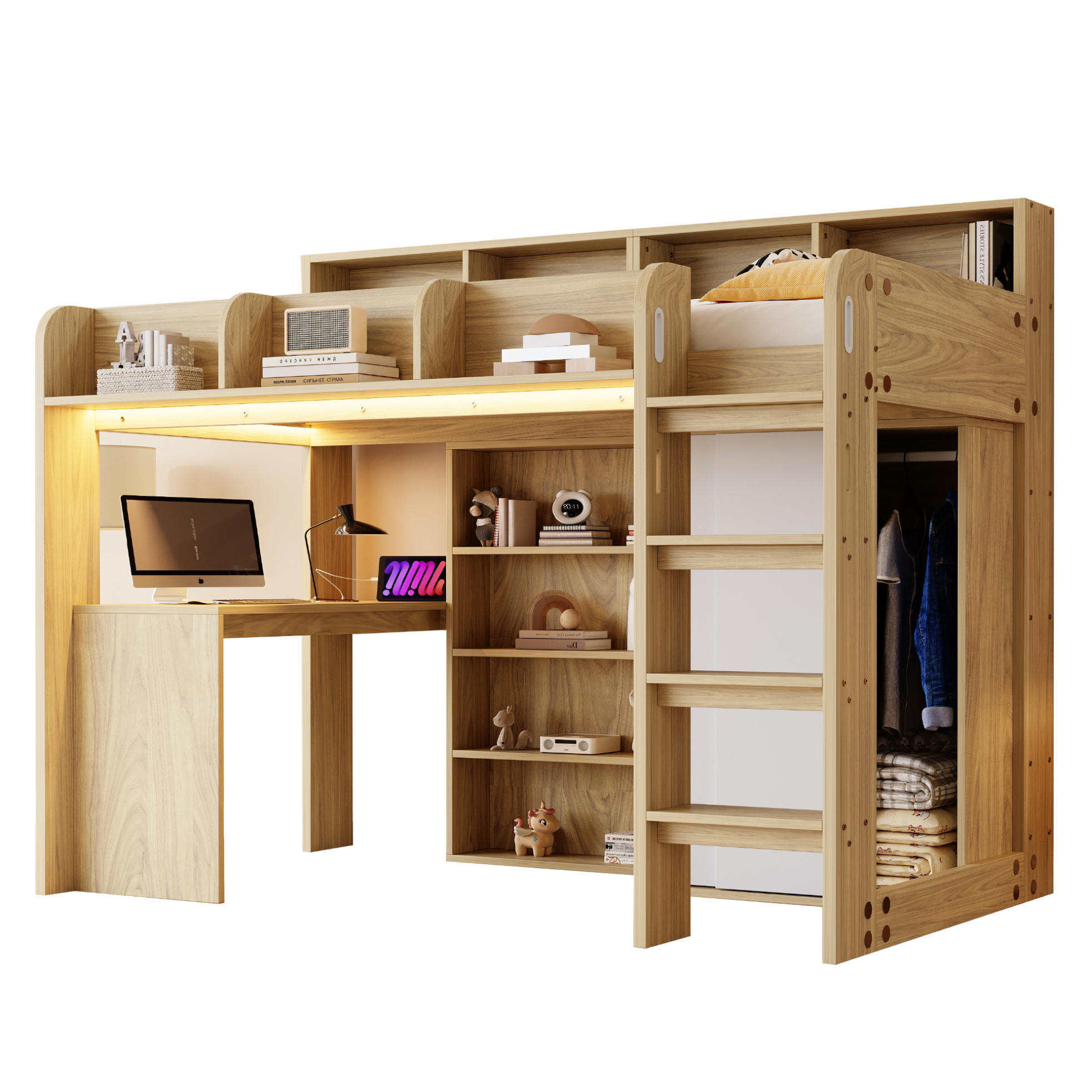 HOCHBETT aus MDF, Spanplatte und Sperrholz 90x200 cm Holzfarbe mit Schreibtisch, Kleiderschrank, LED-Beleuchtung und Steckdose - Naturfarben, Holzwerkstoff (90/200cm) - Modfu