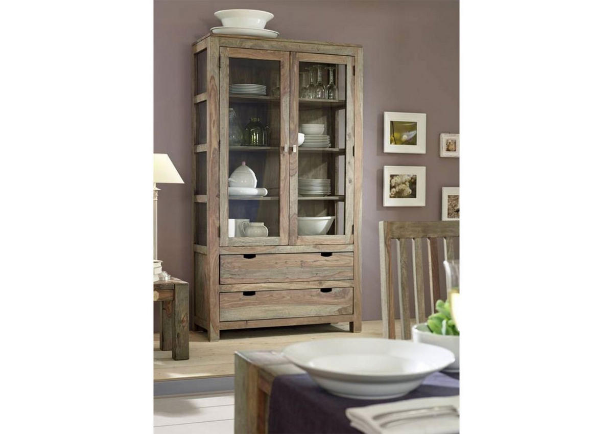 VITRINE Sheesham 110x45x200 grau geölt NATURE GREY #65 - Grau, Holz (110/200/45cm) - Massivmoebel24
