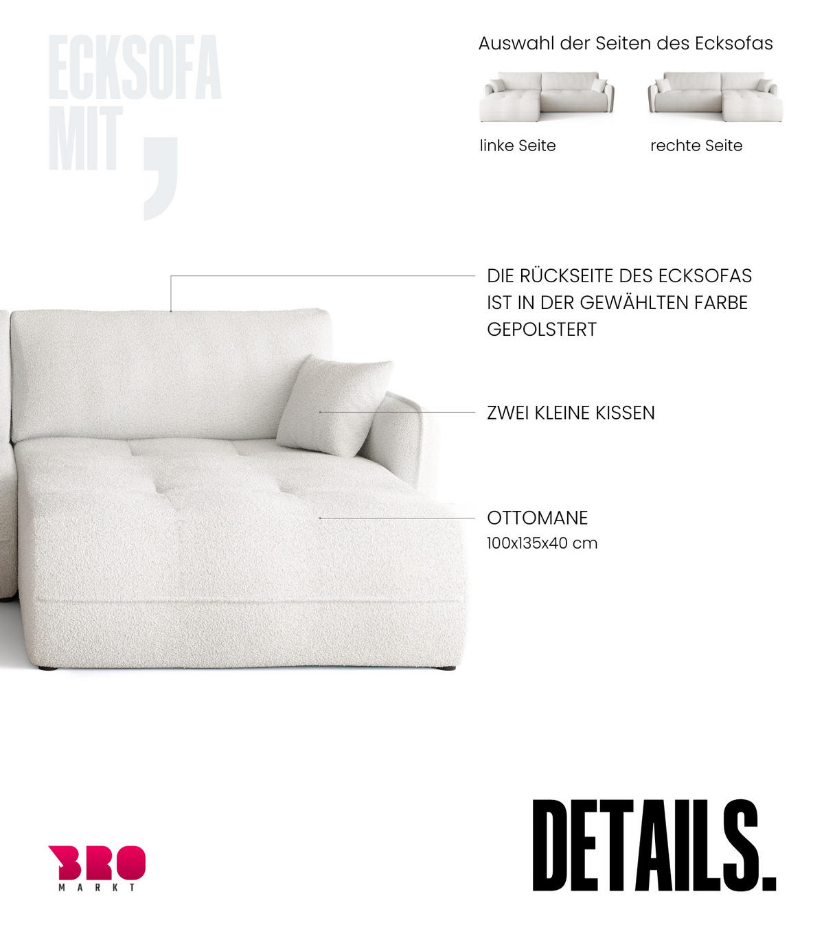 ECKSOFA CLAUDIO mit Schlaffunktion Weiß - Weiß, Textil (263/150cm) - Bromarkt