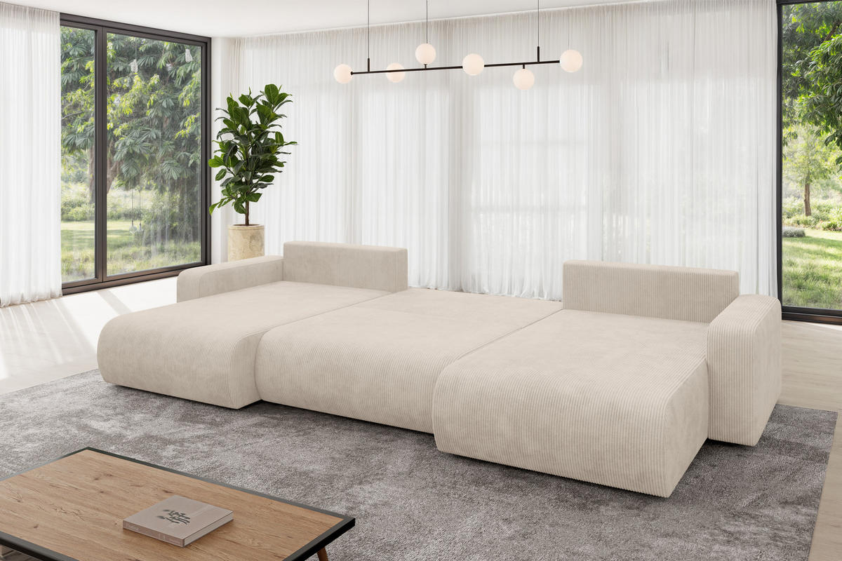SEDACÍ SOUPRAVA DO U s funkcí spaní a úložným prostorem BERY-U 377x193x88 béžová manšestr - černá/béžová, kompozitní dřevo/textil (377/88/193cm) - ALTDECOR