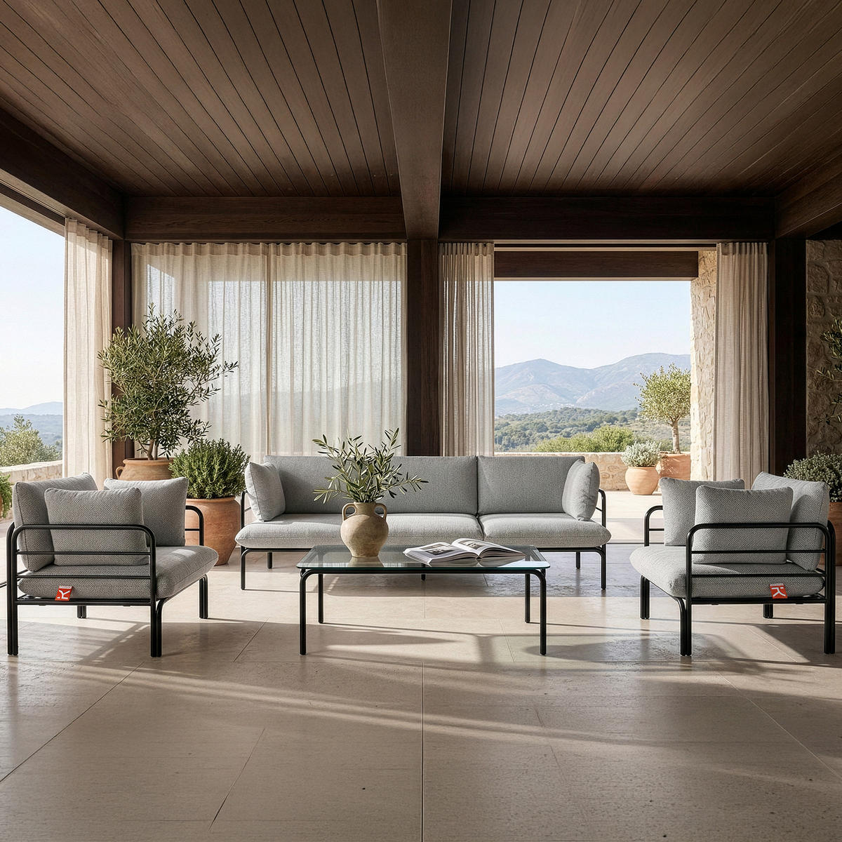 GARTENSOFA RAMBE 3-Personen mit Kissen, Anthrazit - Dunkelgrau/Anthrazit, Textil/Metall (225/80/80cm) - KONSIMO®