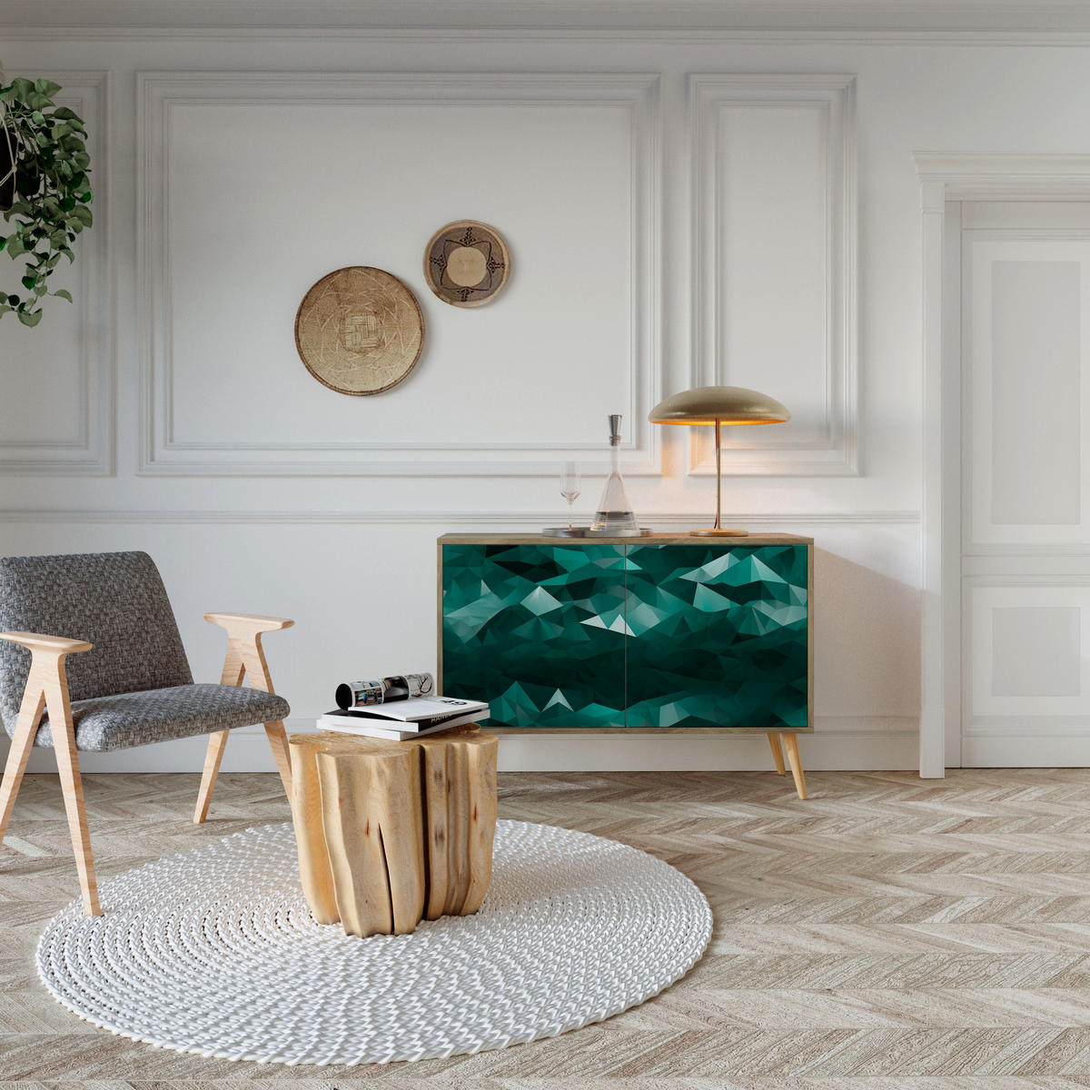 SIDEBOARD POLYGONAL FLOATING, Eicheneffekt, 111x42x77,5 cm, 2 Türen - Eichefarben/Buchefarben, Holzwerkstoff/Buchenholz (111/77.5/42cm) - SpaceRebels