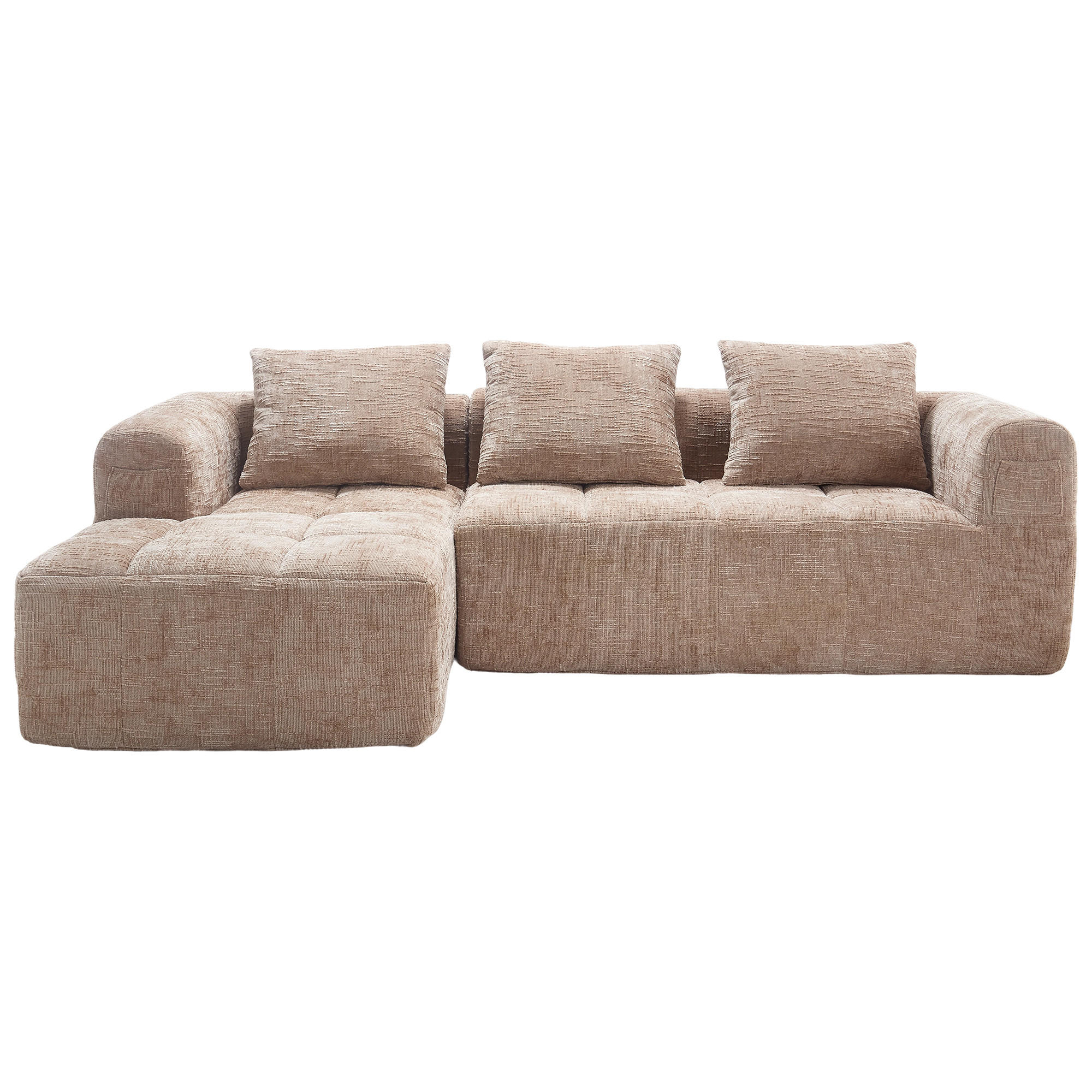 ECKSOFA L-Form 3-Sitzer mit Chaiselongue und Armlehnen Chenille khaki 250/158/60 cm - Naturfarben, Textil (250/158cm) - OKWISH