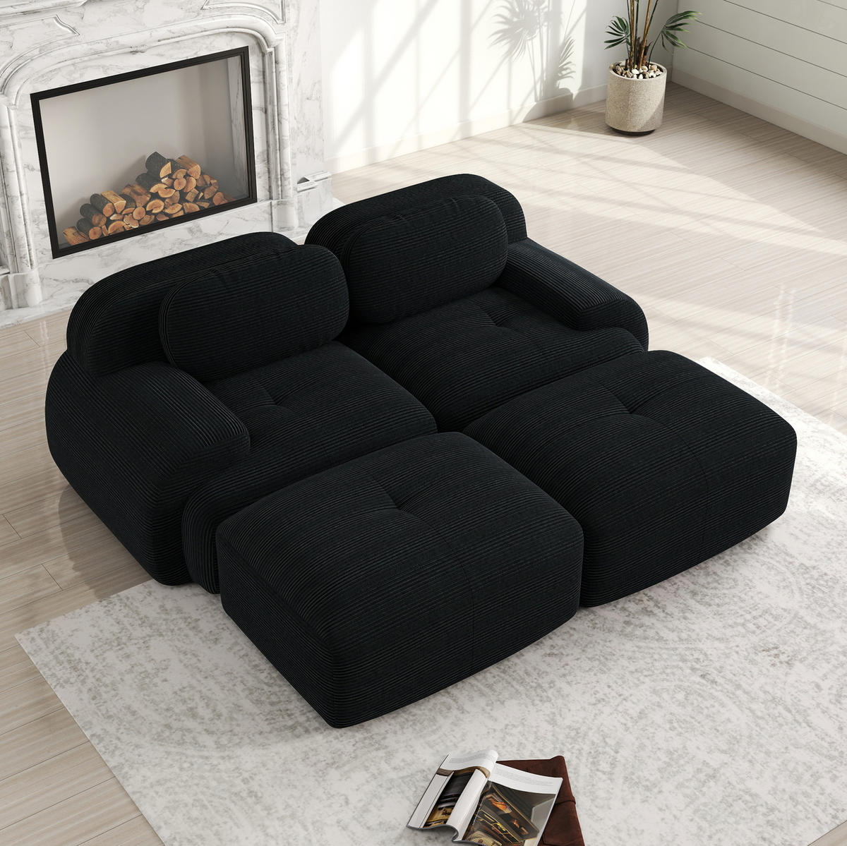 SOFA 208/178/70 cm in Schwarz aus Cord mit rutschfester Unterseite - Schwarz, Textil (178/70/208cm) - Flora Grace