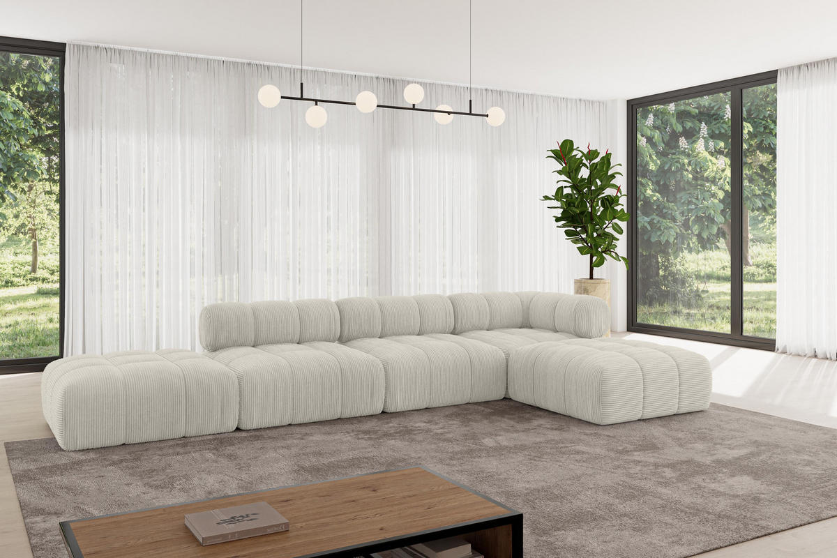 ECKSOFA modulares Sofa Kerru-L2 - 380x190x70 cm Creme Cord - Hellgrau/Creme, Holzwerkstoff/Textil (380/190cm) - ALTDECOR