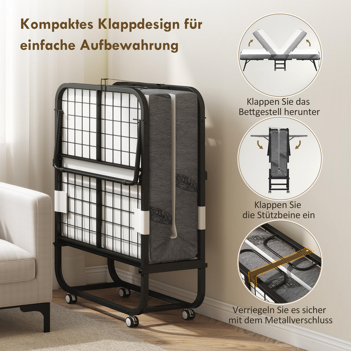 KLAPPBETT 80x200 cm DE-10738 mit 10 cm Schaumstoff & Rollen Grau - Grau, Textil (80/200cm) - ComfortXL