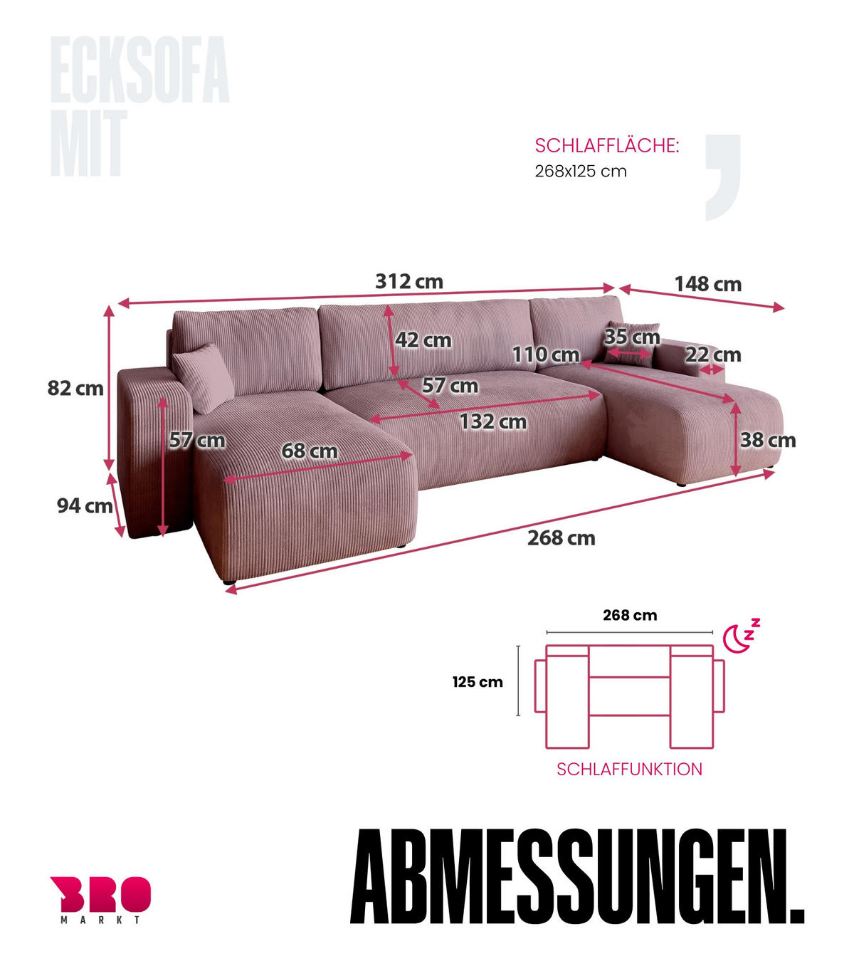WOHNLANDSCHAFT PUMI mit Schlaffunktion Rosa Cord - Rosa, Textil (312/82/148cm) - Bromarkt