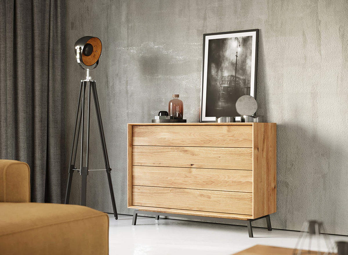 KOMMODE Modern Loft Eiche Natur 121 / 45 / 90cm - Eichefarben/Schwarz, Holz (121/90/45cm) - Feldmann-Wohnen