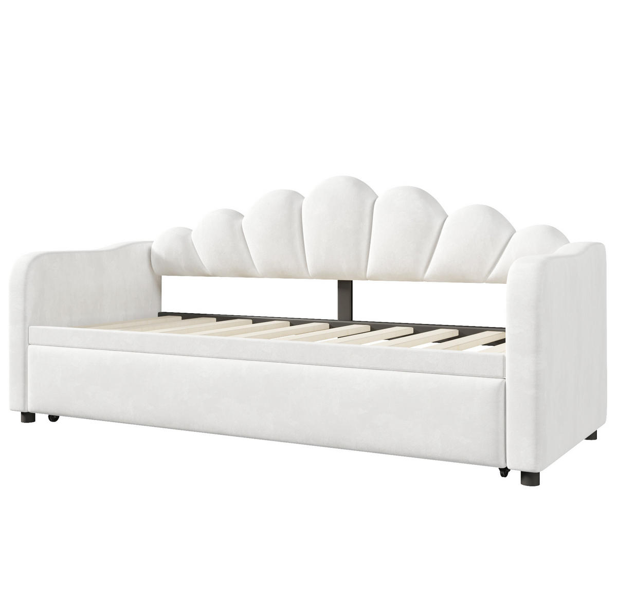 DENNÁ posteľ 90/200 cm biela s výsuvným lôžkom a LED osvetlením z MDF, preglejky a zamatového poťahu - biela, textil (90/200cm) - OKWISH