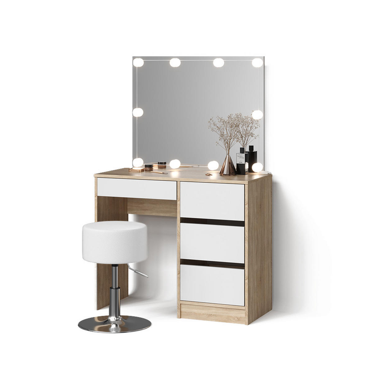 SCHMINKTISCH Imola Sonoma mit LED Beleuchtung und Hocker - Weiß/Sonoma Eiche, Holzwerkstoff (90/75/40cm) - Livinity®