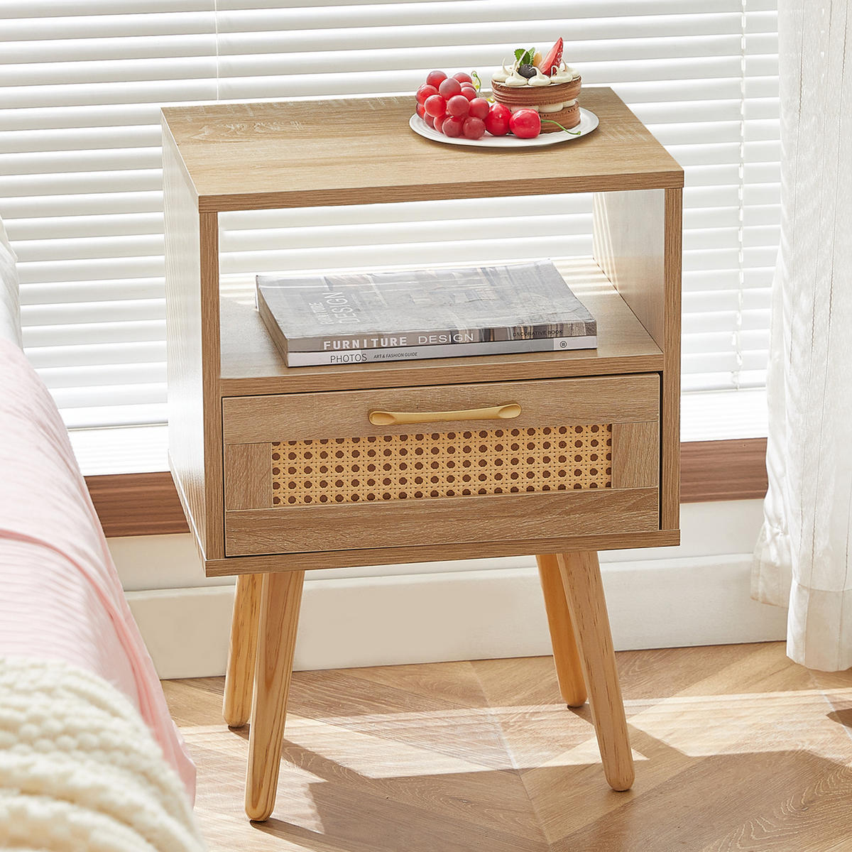 NACHTTISCH 30/40/55 cm natur aus MDF mit Rattanfront und Schublade - Hellbraun, Holzwerkstoff (30/55/40cm) - OKWISH