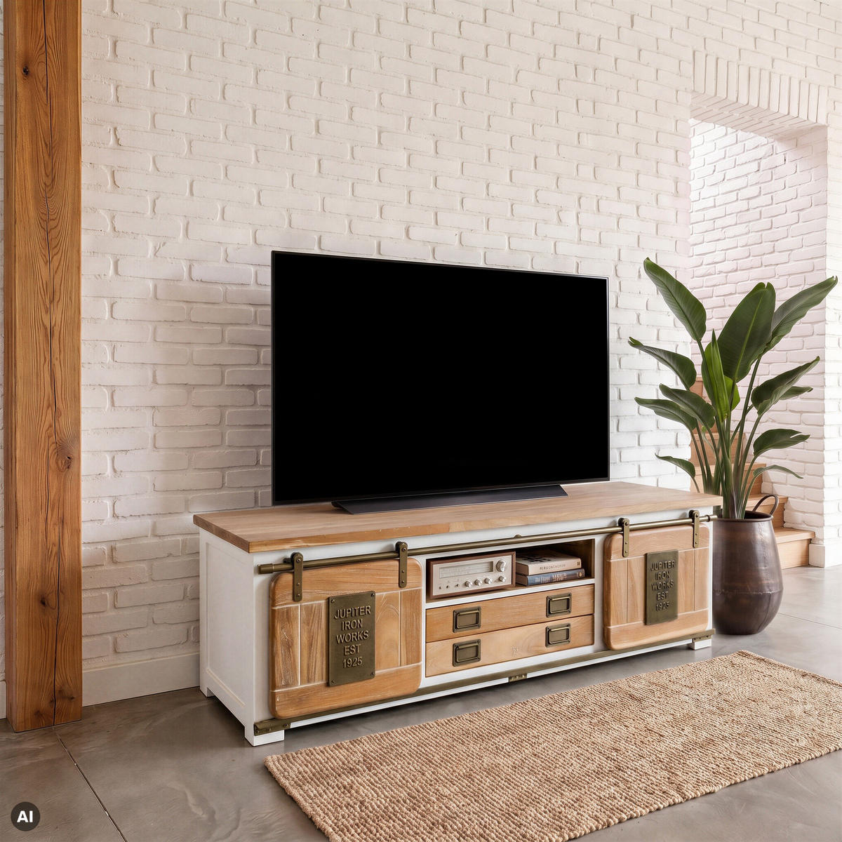 TV-BOARD Mango 180x55x50 weiß lackiert RAILWAY #314 - Weiß, Holz (180/50/55cm) - Massivmoebel24