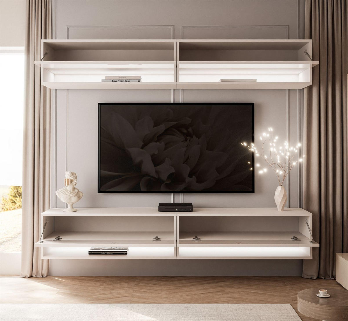 WOHNWAND Calante mit LED-Beleuchtung - Beige, Holzwerkstoff (180/30/35cm) - Lookway