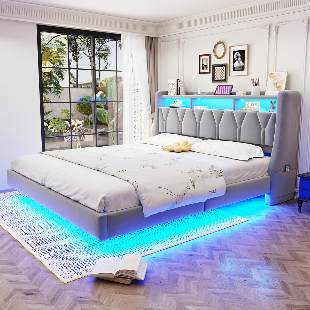 TAPECIRANI krevet 180/200 cm s LED osvjetljenjem, USB i Type-C priključcima te sklopivim uzglavljem, Svijetlosiva - siva, tekstil (180/200cm) - Redom