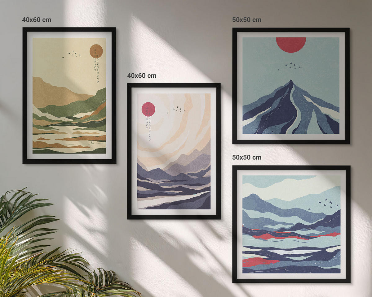 WANDBILDER 4er-Set - 50x50 cm & 40x60 cm Schwarzer Rahmen - Pastellfarbene Berge im Japandi-Stil - Schwarz, Kunststoff (50/50cm) - ArtPrintCave