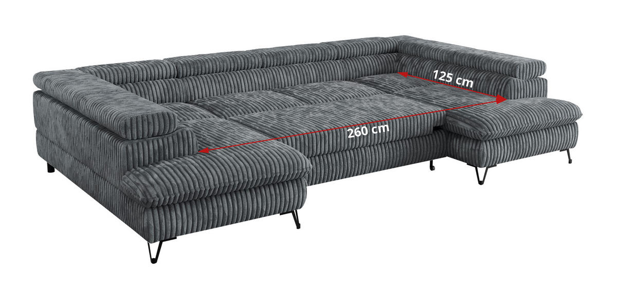 WOHNLANDSCHAFT PEDRO U Cord Dunkelgrau - Dunkelgrau/Schwarz, Textil/Metall (346/76/208cm) - MKS