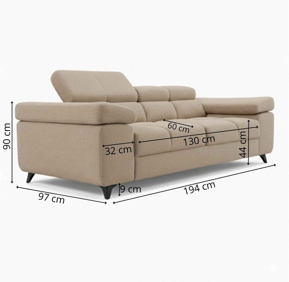 2-SITZER SOFA FJORD, verstellbarer Kopfstütze, beige - Beige/Schwarz, Kunststoff/Textil (194/90/97cm) - KS Home Concept