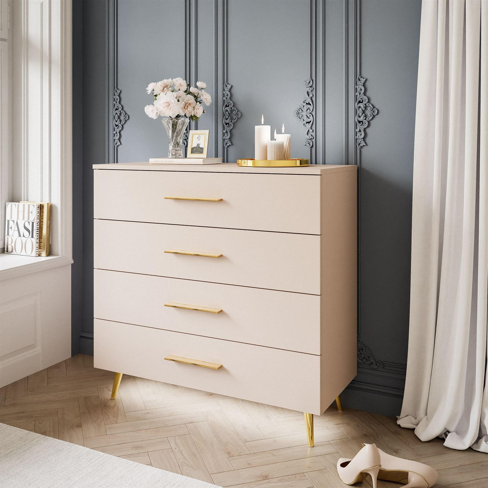KOMMODE AURA KASCHMIR 4S mit Schubladen Goldene Beine und Griffe - Kaschmir/Goldfarben, Holzwerkstoff (95/90/40cm) - Lookway