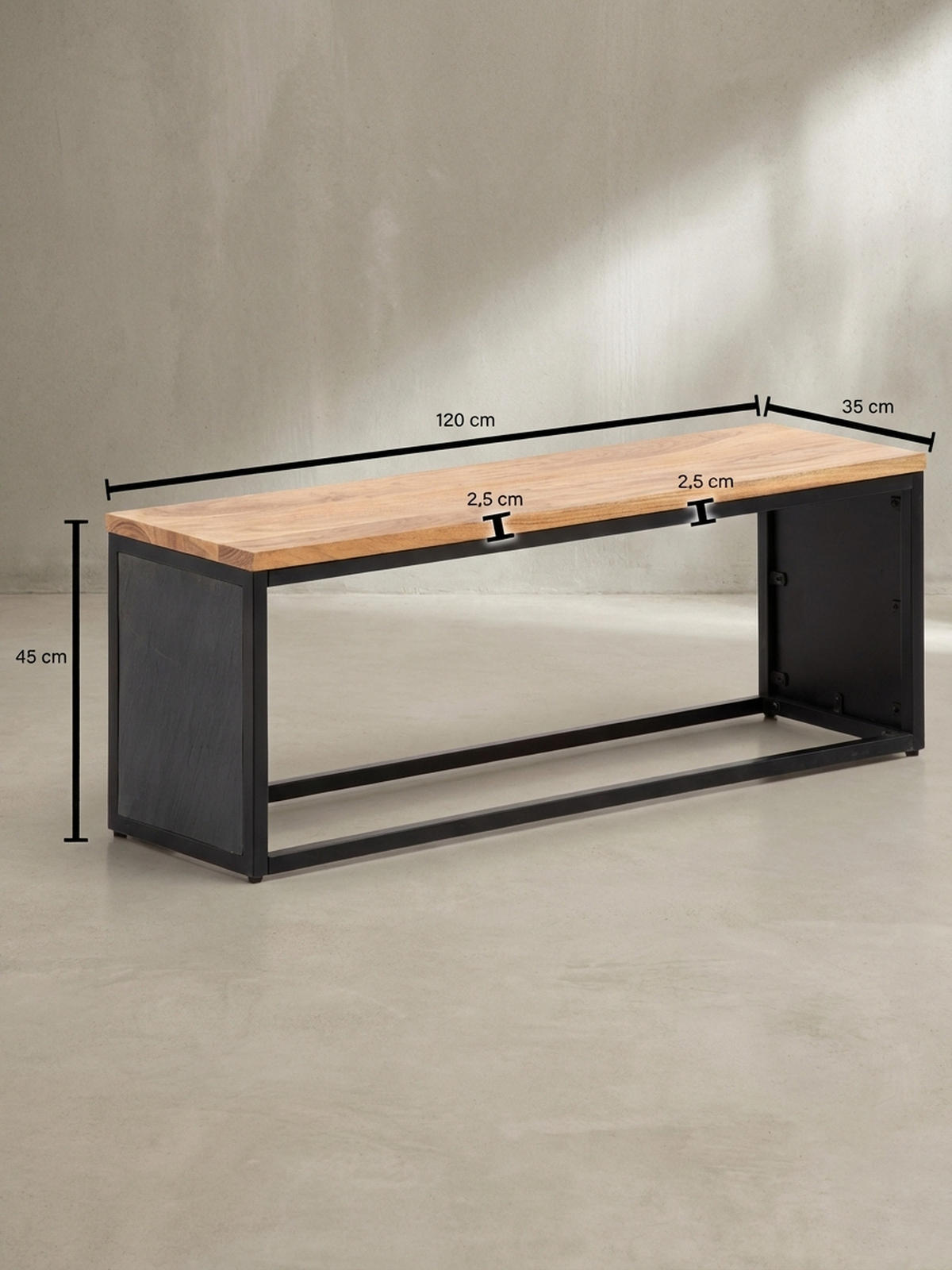 SITZBANK – Akazie Massivholz/Steinoptik, 120x45x35 cm, Metallgestell - Schwarz/Braun, Holz/Metall (120/45/35cm) - KADIMA DESIGN