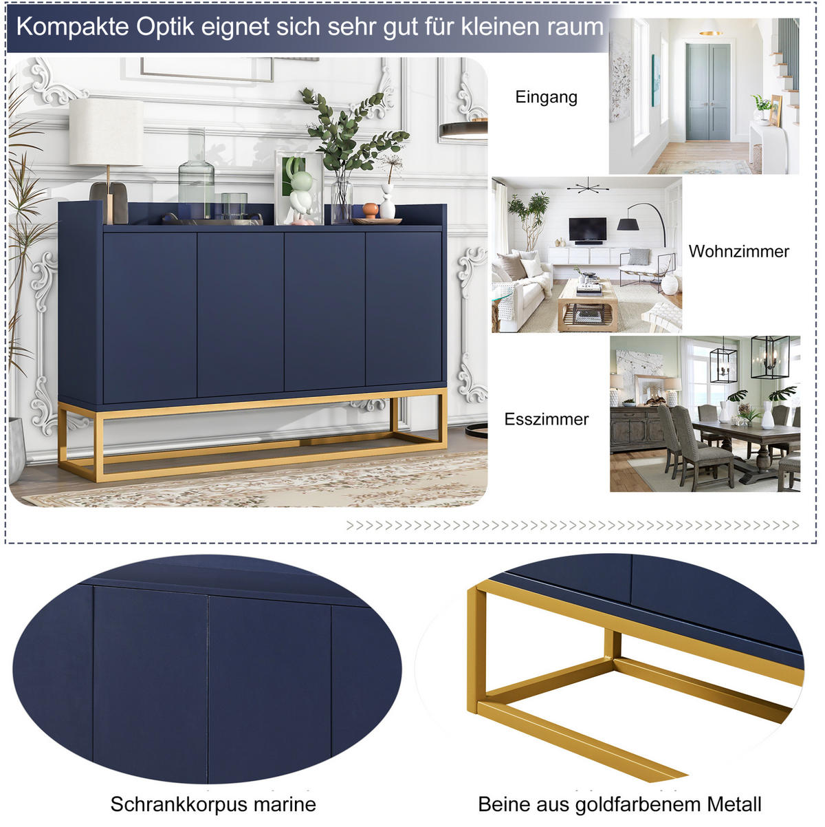 SIDEBOARD 120/30/80 cm navy aus Spanplatte mit 4 Türen - Dunkelblau, Holzwerkstoff (120/80/30cm) - OKWISH