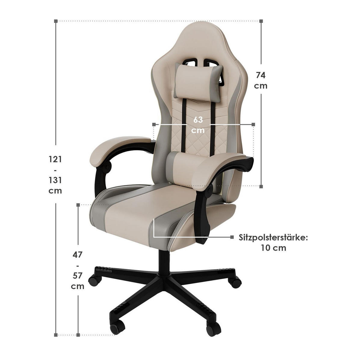 GAMINGSTUHL HyperSeat beige/hellgrau - Beige, Kunststoff (63/131/121cm) - Juskys