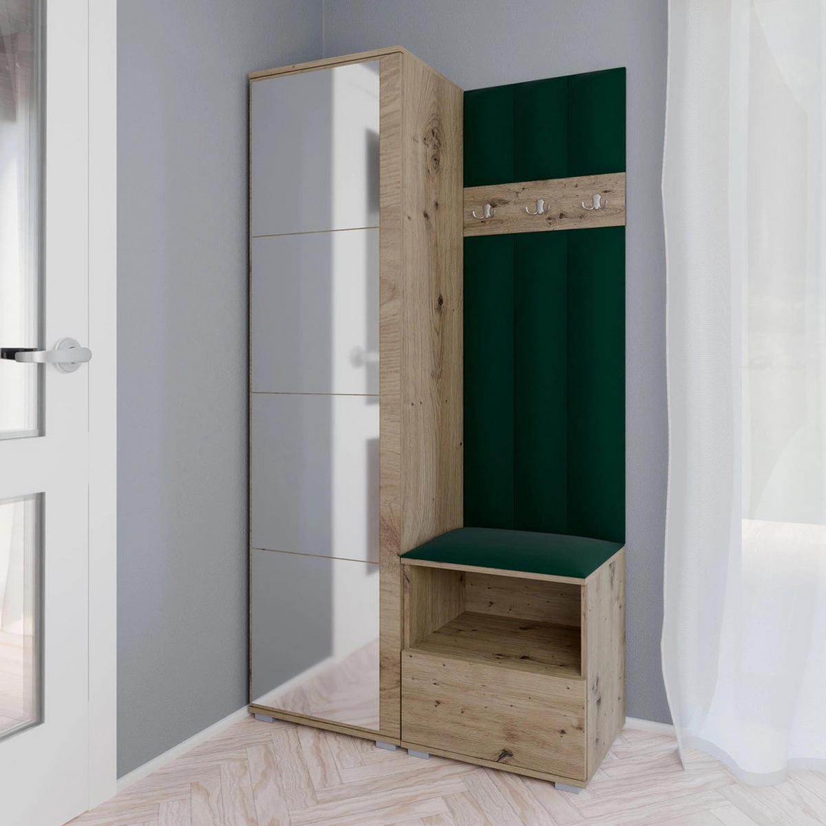 GEPOLSTERT Garderoben-Set Nela I LUX (Spiegel – Farbe Eiche Artisan + Stoff Trinity 28) - Dunkelgrün/Silberfarben, Holz/Holzwerkstoff (100/187/40cm) - Ravio