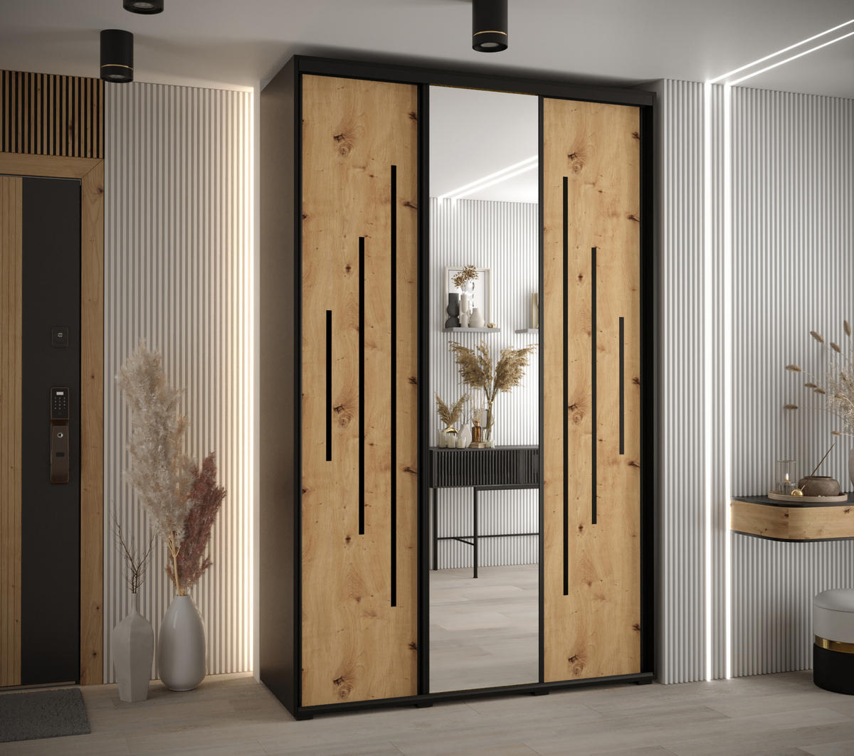 SCHWEBETÜRENSCHRANK 235,2/150/60 3-türig - Schwarz/Eiche Artisan, Holz/Metall (150/235/60cm) - Abiks Möbel