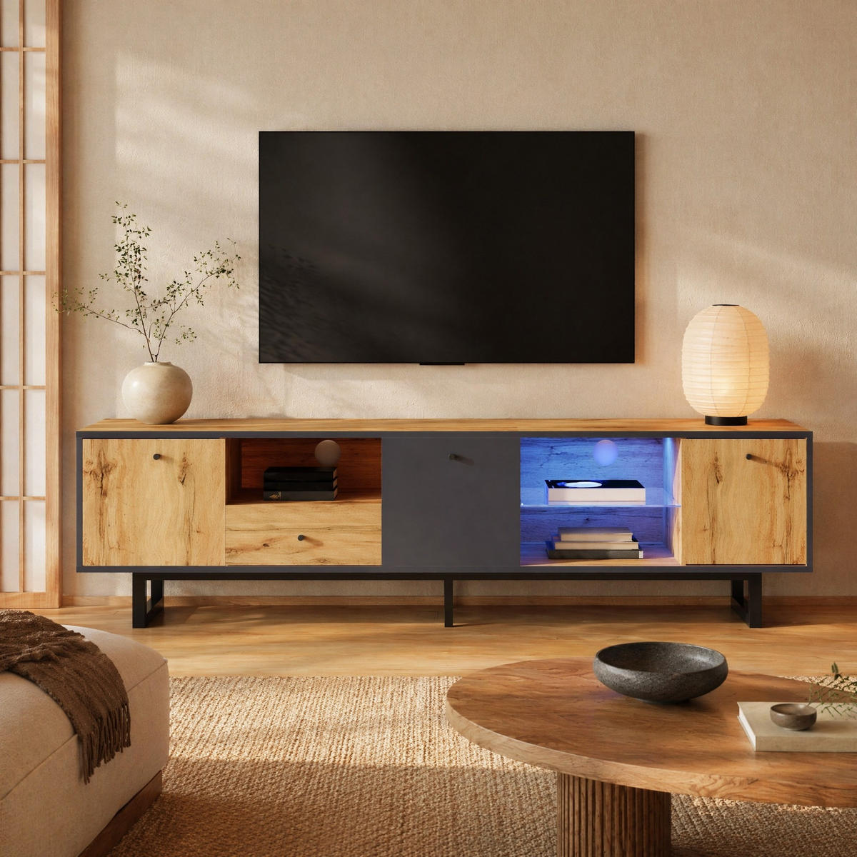 TV STOLEK přírodní, LED světelný efekt, do obývacího pokoje, 190×40×50 cm - přírodní/černá, kov/kompozitní dřevo (190/50/40cm) - STILVORA